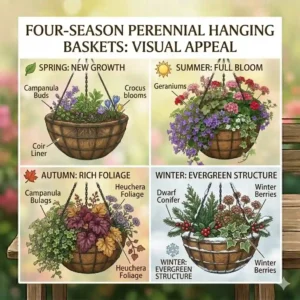 An illustration displaying the changing aesthetic of perennial hanging baskets across the four seasons: spring, summer, autumn, and winter.