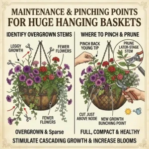 An illustration highlighting where to pinch back and prune overgrown stems to keep huge hanging baskets looking full and healthy.