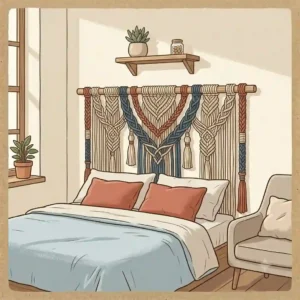 A chic bedroom featuring a custom rope artwork piece hanging elegantly above the bed headboard.