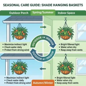 An illustration depicting how to transition hanging baskets for shade between outdoor porches and indoor spaces as seasons change.