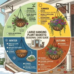 A seasonal care guide wheel illustrating maintenance routines for large hanging plant baskets during spring, summer, autumn, and winter.