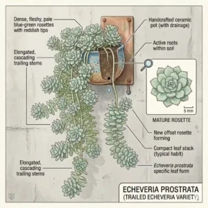 Detailed illustration of an Echeveria prostrata, a popular trailing echeveria variety, highlighting its distinct pale green rosettes.