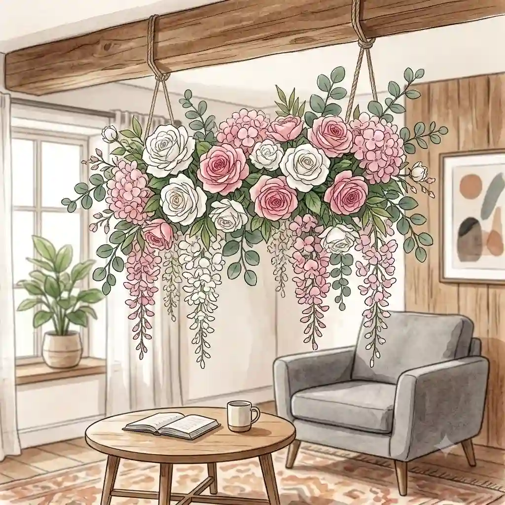 Beautiful white and pink fake flowers hanging from a rustic wooden ceiling beam in a modern living room.