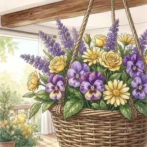 Lush purple and yellow fake flowers hanging in wicker baskets on a sunny outdoor patio porch.