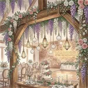 Romantic wedding reception arch decorated with cascading white fake flowers hanging from a wooden frame.