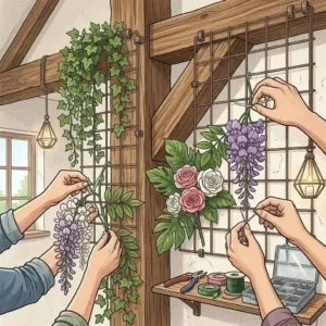 Hands arranging artificial green vines and fake flowers hanging from a wire grid on a wall.