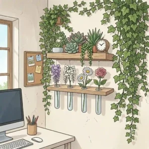 Small workspace decorated with artificial ivy vines and colorful fake flowers hanging from a wall-mounted floating shelf.