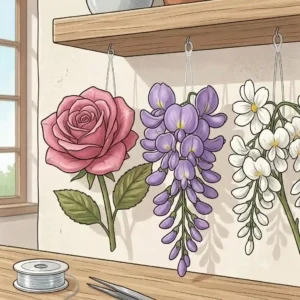 Close-up detail of high-quality silk rose fake flowers hanging down, showing realistic petals and green leaves.