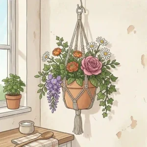 Bright boho-style kitchen featuring a macrame planter holding vibrant fake flowers hanging near a window.